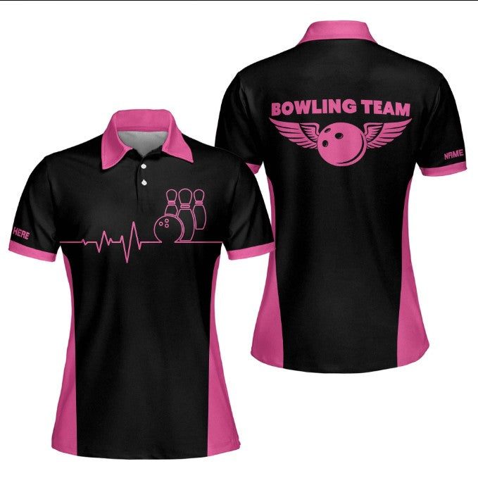 Customized Pink Bowling Shirts with Heartbeat Pulse Line for Women: A Stylish Polo Option for Bowling Enthusiasts – PW-008