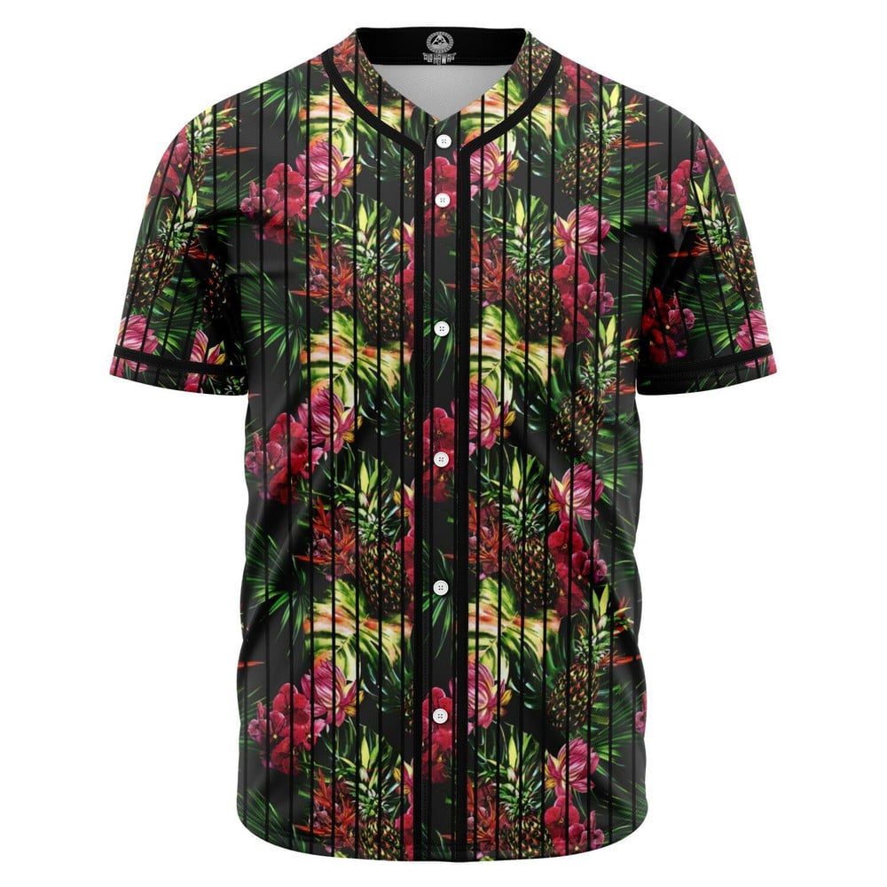 Hawaii Jungle Leaf Baseball Jersey with Palm Leaves and Pineapples Design BSJ-029