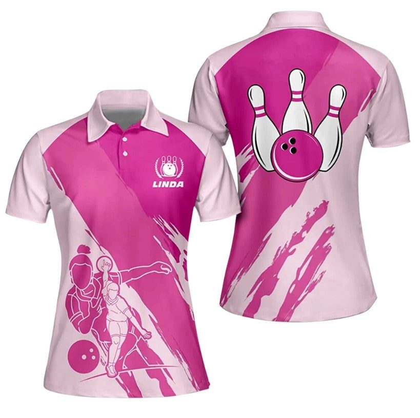 Women’s Short Sleeve Polo Shirt with Pink Bowling Ball and Pin Design – Perfect for Bowling – PW-002